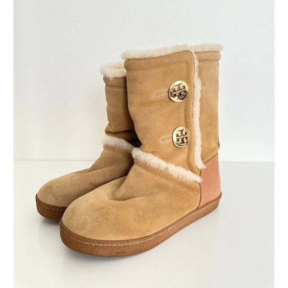 Tory Burch Shearling Leather Mid Calf Boots Gold Detail Fur Lined Women's 6.5 - Picture 1 of 13